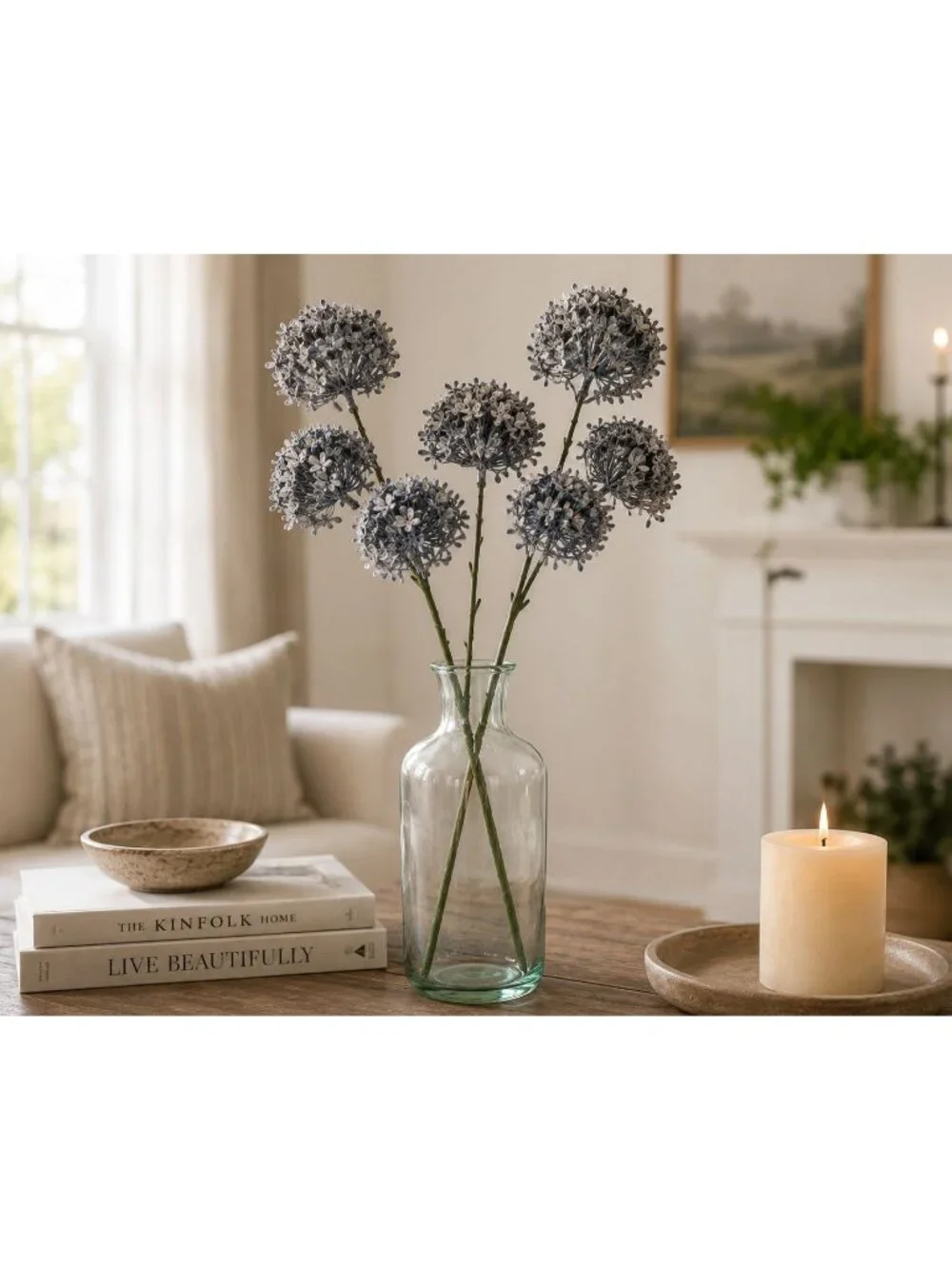 Artificial Blue Allium Flower Stems Set of 2 Dusty French Blue Faux Floral Spray